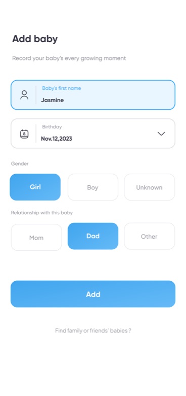Add your child with a name and birthday